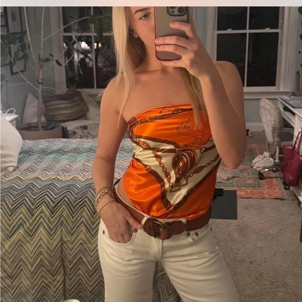 Zara Orange and Cream Chain Print Scarf Top